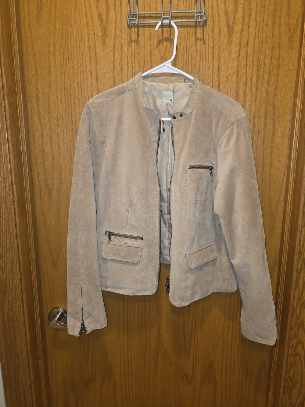 ecru Suede Zip Jacket in Light Beige